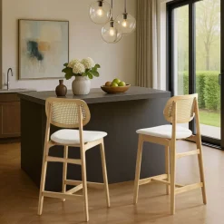 AugustinTabouret snack avec dossier en cannage et assise en tissu* Tabouret Snack (assise +/- 65 Cm)|Tabouret De Bar (assise +/- 80 Cm)