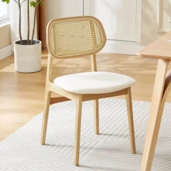 NinaChaise en bois avec dossier en cannage et assise tissu* Chaise De Salle à Manger|Chaise Salon