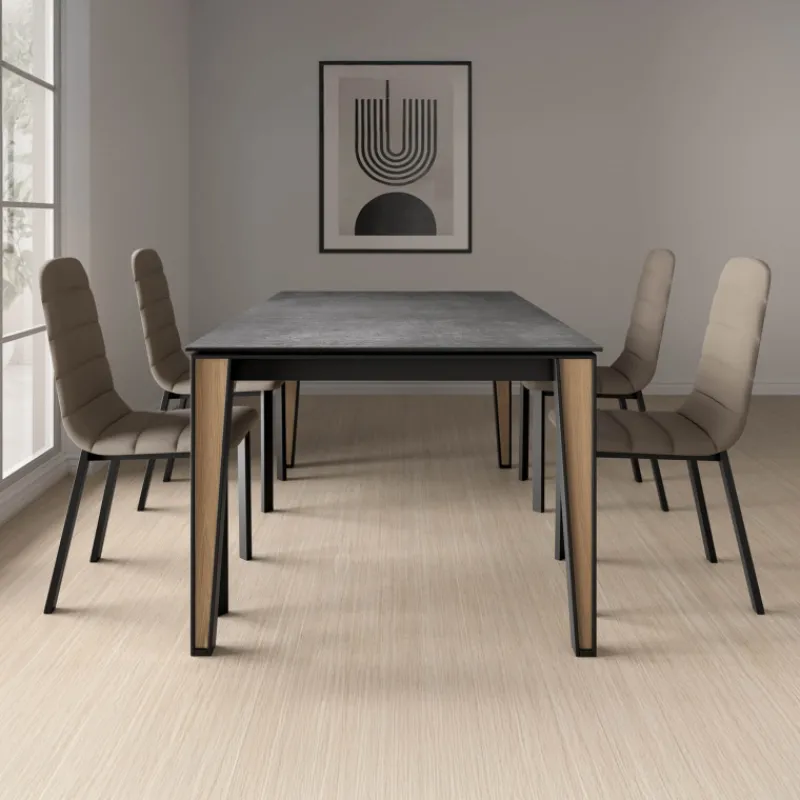 Cancio Okaso Table moderne en céramique avec pieds en bois et métal* Table De Salle à Manger