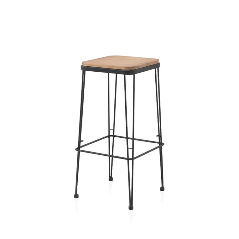 Jayso Riopar Tabouret haut assise bois pieds métal style industriel* Tabouret Snack (assise +/- 65 Cm)|Tabouret De Bar (assise +/- 80 Cm)