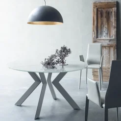 Tomasella Zoe Table ronde design extensible en verre extralight blanc et métal* Table De Salle à Manger