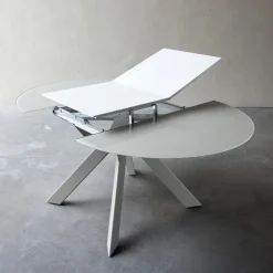 Tomasella Zoe Table ronde design extensible en verre extralight blanc et métal* Table De Salle à Manger